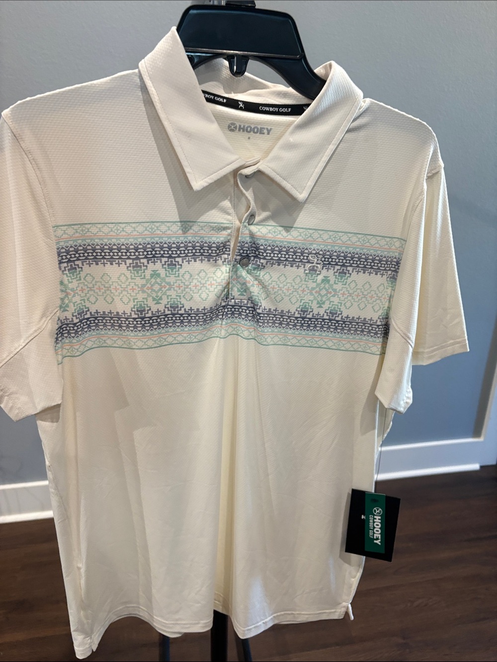 Hooey Men’s Cream Polo with Mint & Gray Patterned Chest